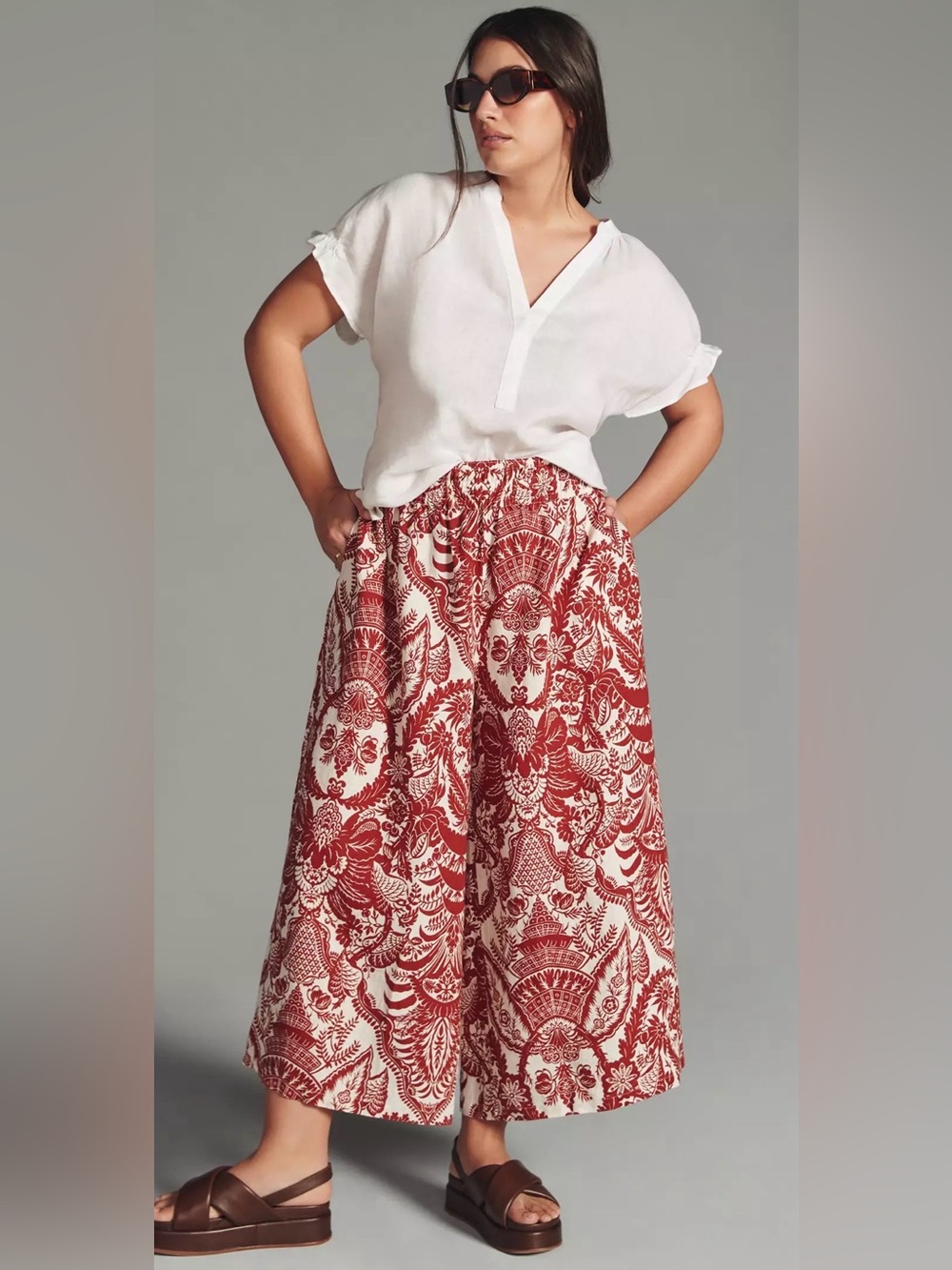 Anthropologie Linen Red and Cream A-Line Printed Palazzo Capri Pants- 1X